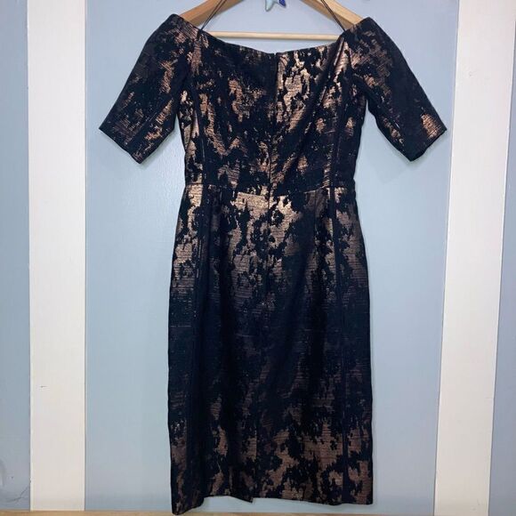 J. Mendel, Navy & Rose Gold Metal Chenille Jacquard Off Shoulder Dress Women’s 8 - Picture 2 of 15